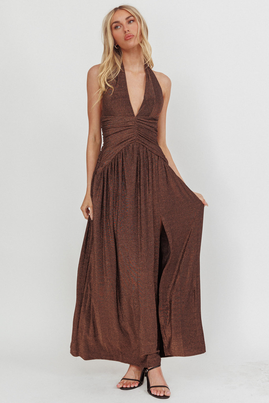 Italia Azure Gathered Waist Maxi Dress Shimmer Chocolate by Selfie Leslie