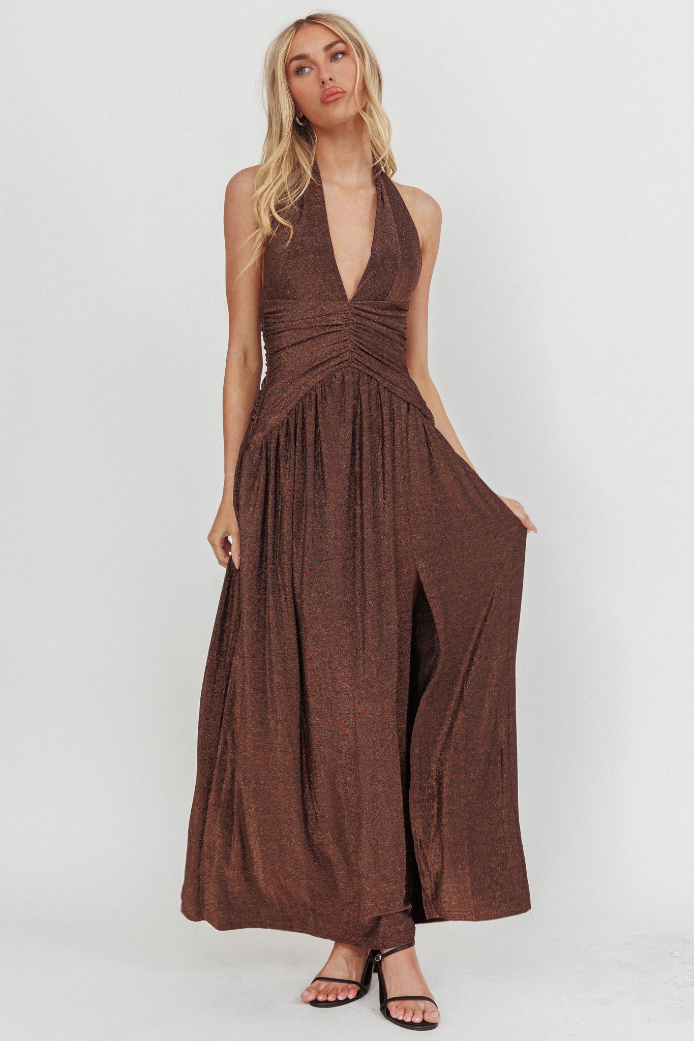 Italia Azure Gathered Waist Maxi Dress Shimmer Chocolate by Selfie Leslie