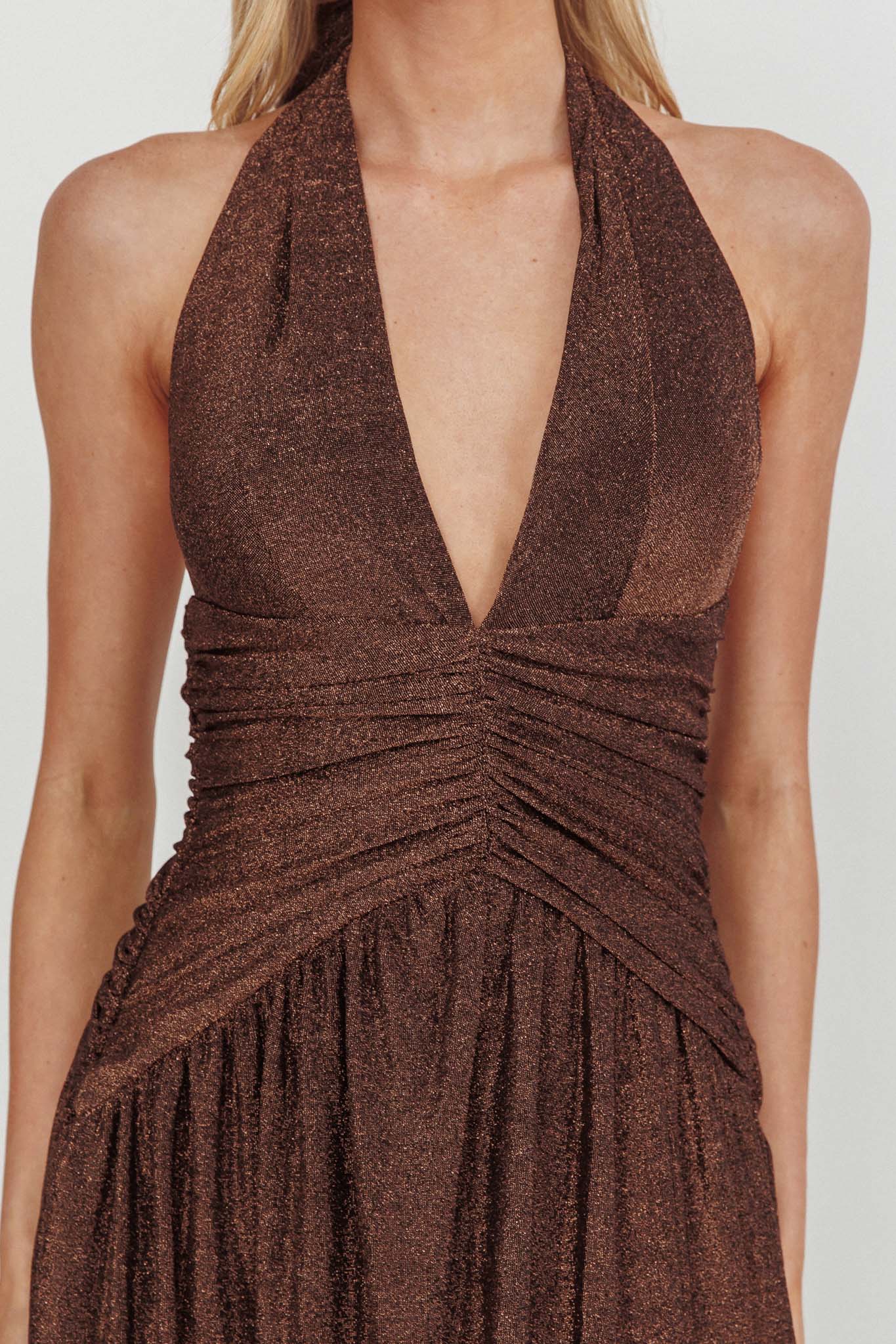 Italia Azure Gathered Waist Maxi Dress Shimmer Chocolate | Selfie