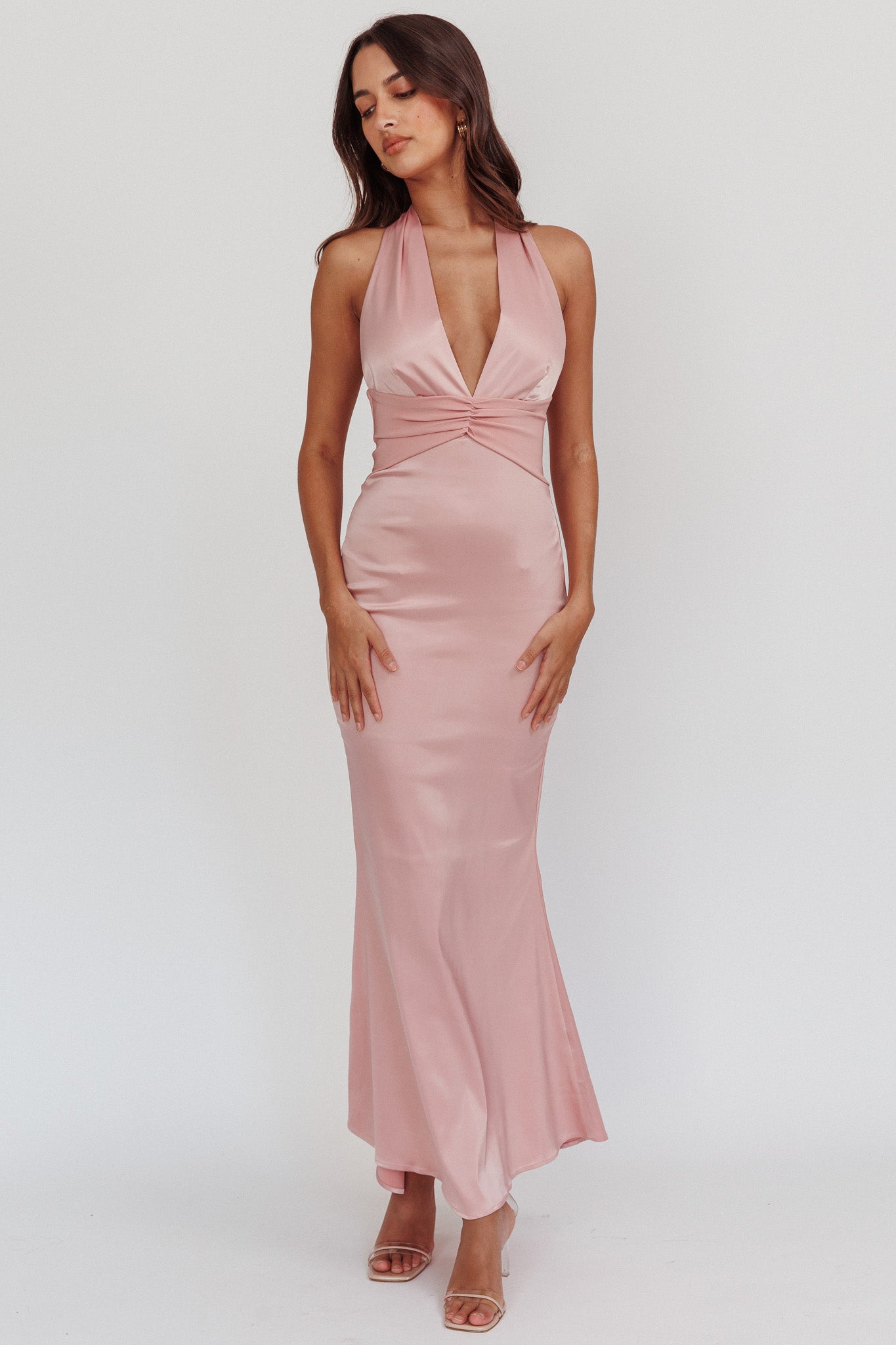 Shop the Italia Azure Pleat Bodice Halterneck Maxi Dress Blush