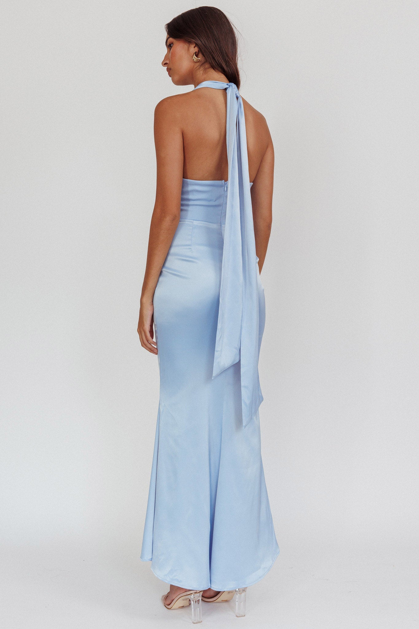Italia Azure Pleat Bodice Halterneck Maxi Dress Light Blue Italia Azure Pleat Bodice Halterneck Maxi Dress Light Blue