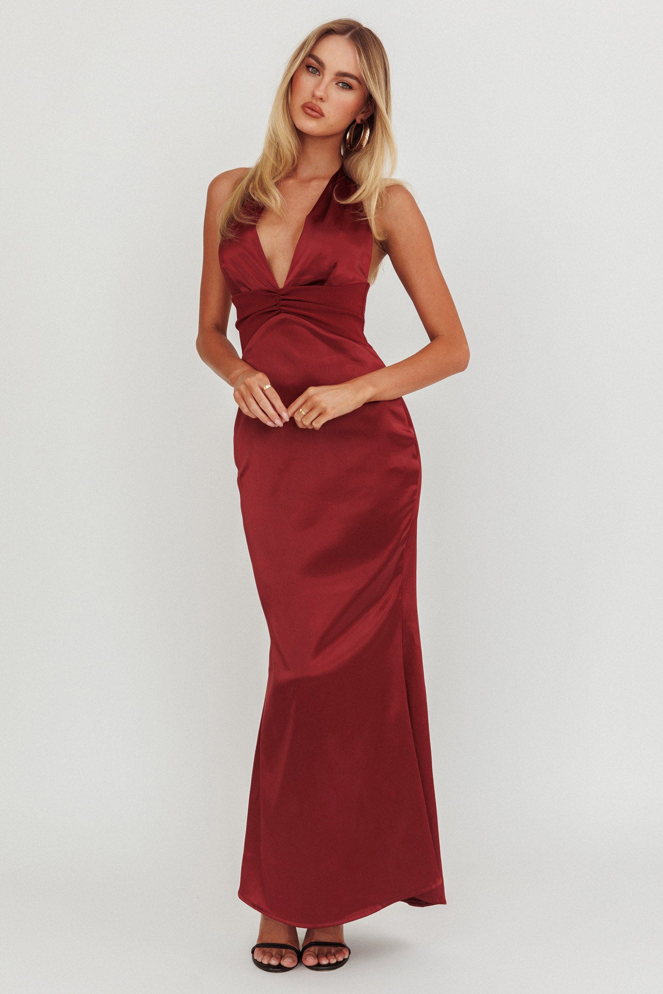 Italia Azure Pleat Bodice Halterneck Maxi Dress Wine | Selfie Leslie
