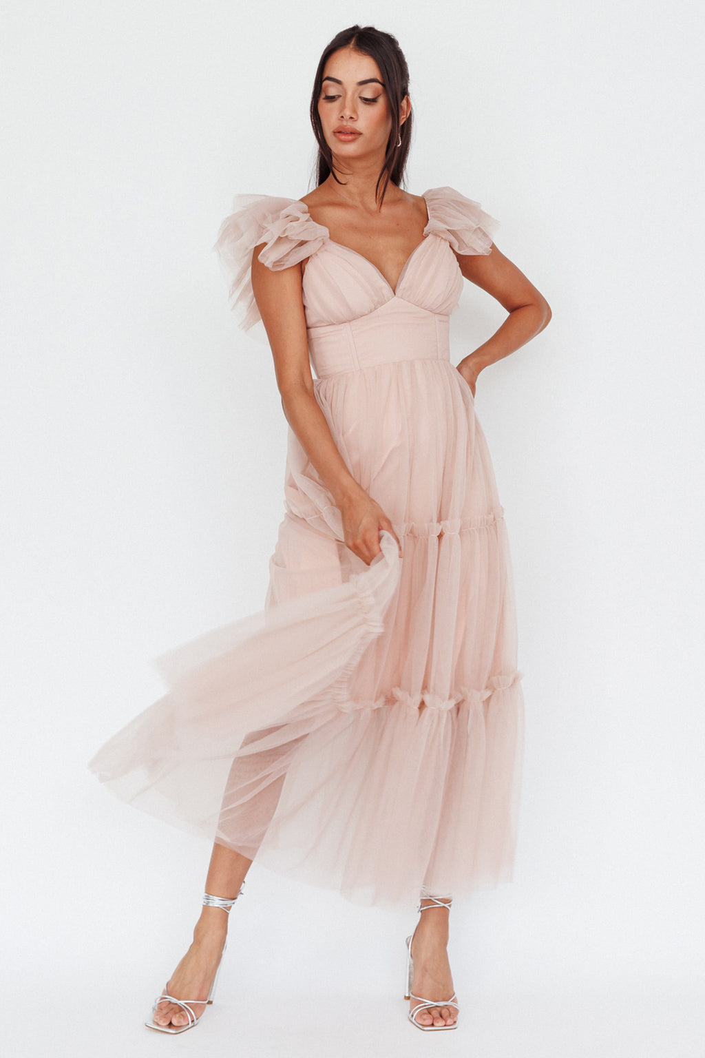 Amal Ruffle Shoulder Tulle Midi Dress Nude by Selfie Leslie