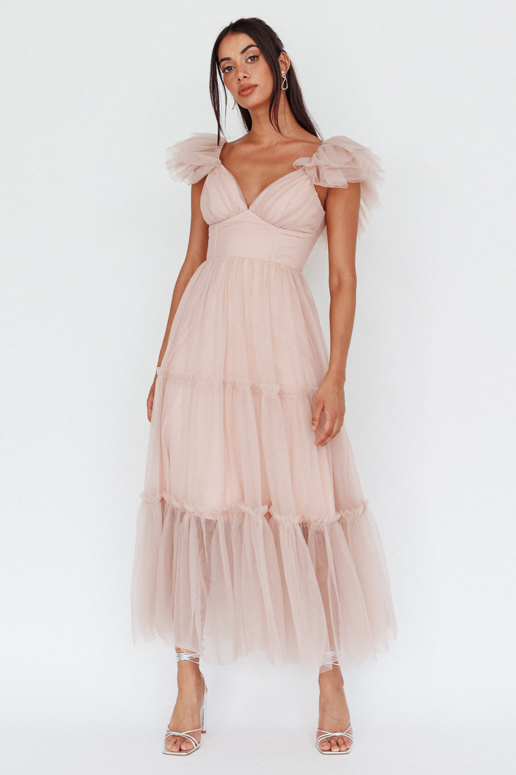 Amal Ruffle Shoulder Tulle Midi Dress Nude by Selfie Leslie