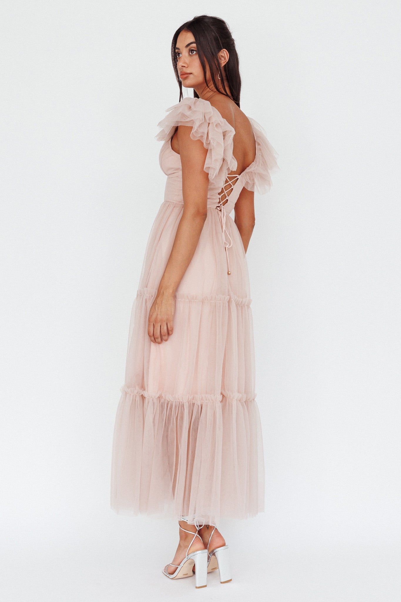 Amal Ruffle Shoulder Tulle Midi Dress Nude by Selfie Leslie