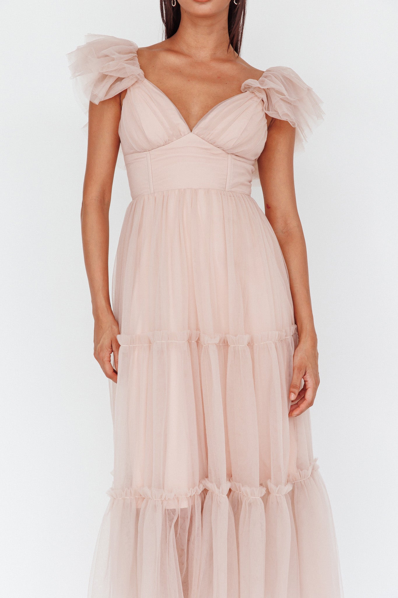Amal Ruffle Shoulder Tulle Midi Dress Nude by Selfie Leslie