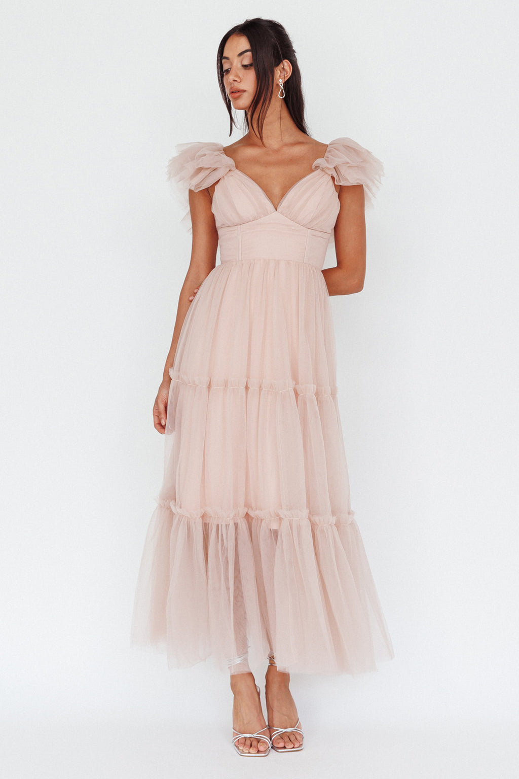 Amal Ruffle Shoulder Tulle Midi Dress Nude by Selfie Leslie