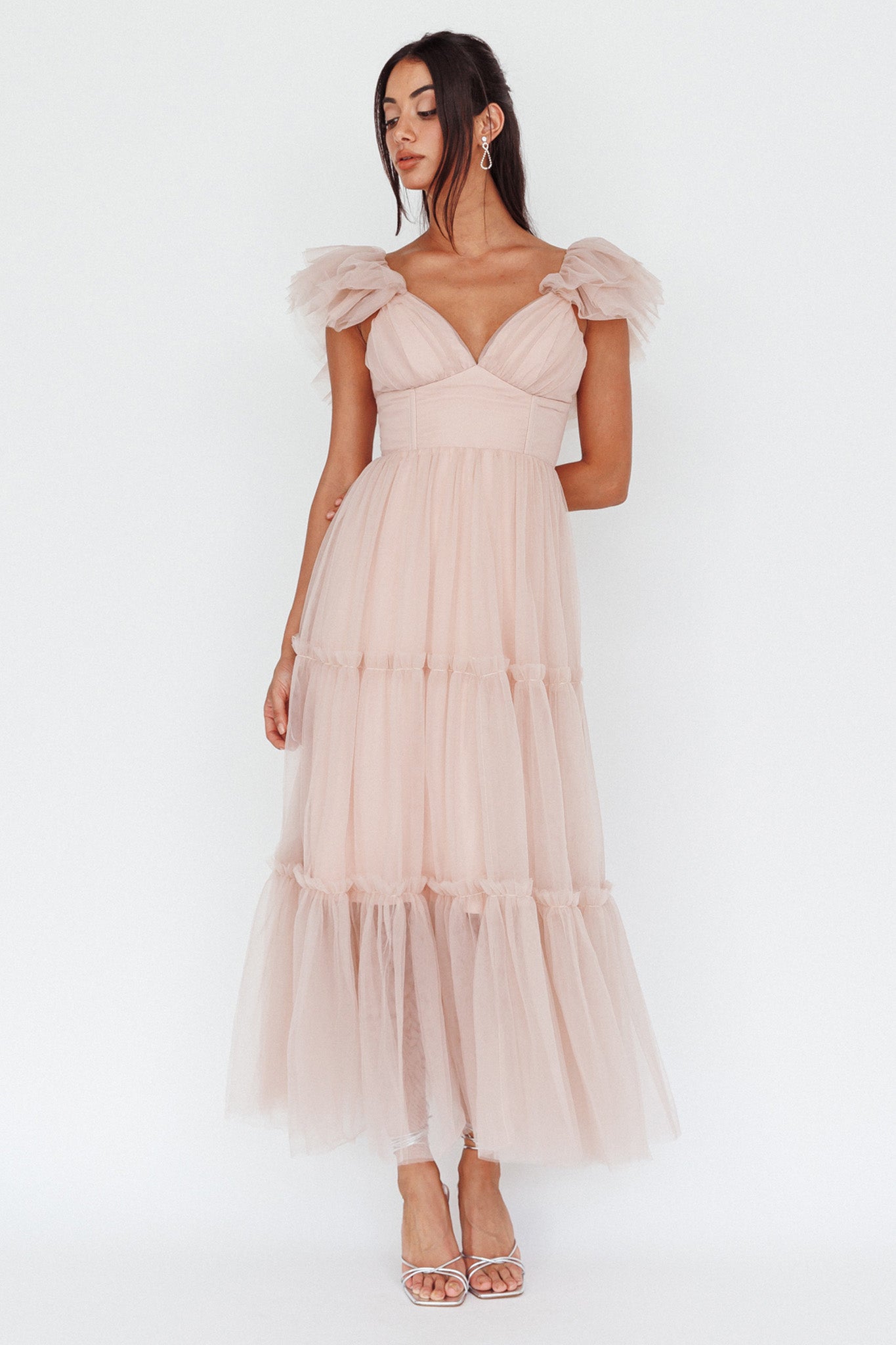 Amal Ruffle Shoulder Tulle Midi Dress Nude by Selfie Leslie