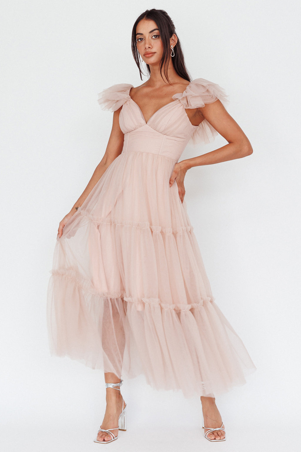 Amal Ruffle Shoulder Tulle Midi Dress Nude by Selfie Leslie