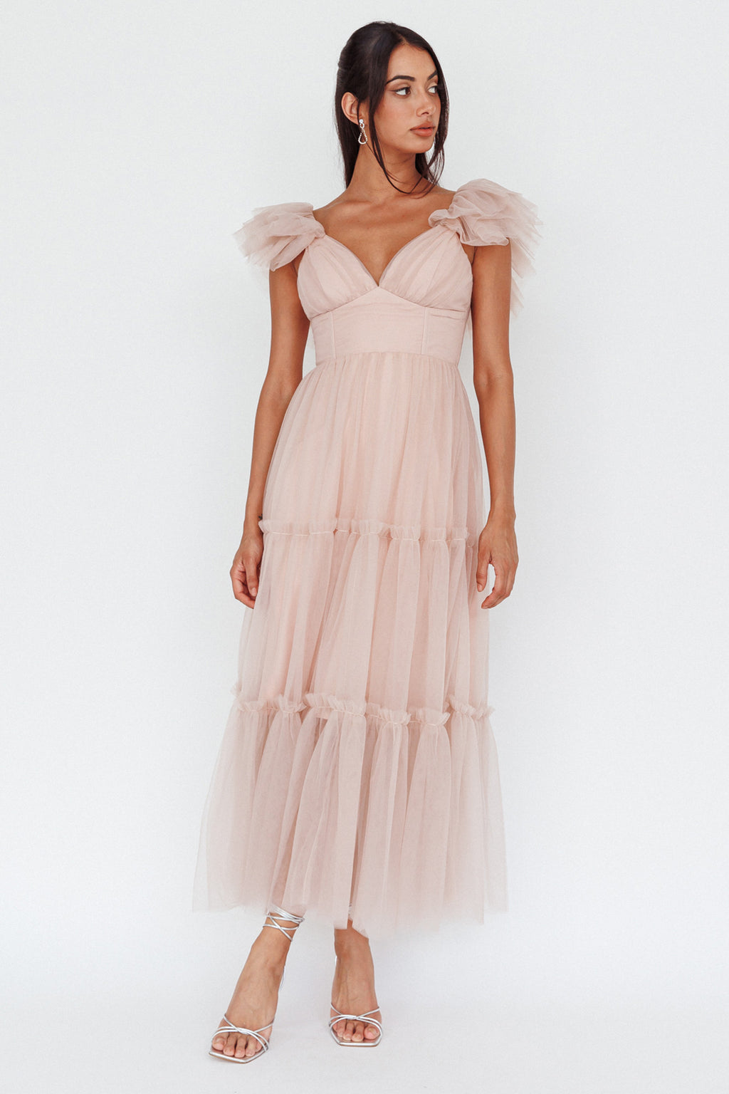 Amal Ruffle Shoulder Tulle Midi Dress Nude by Selfie Leslie