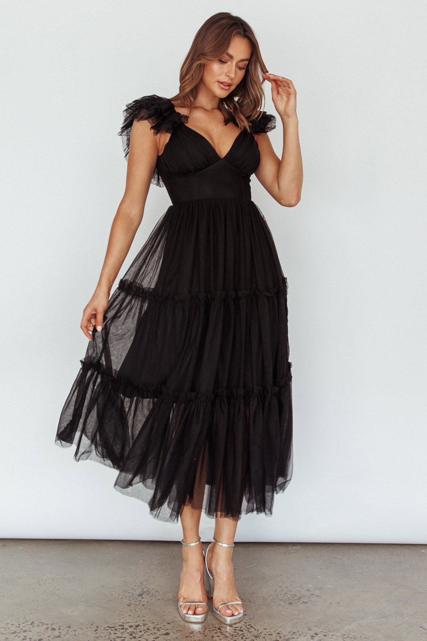 Shop the Amal Ruffle Shoulder Tulle Midi Dress Black