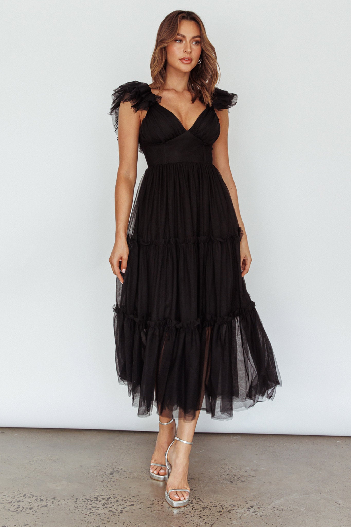 Amal Ruffle Shoulder Tulle Midi Dress Black– Selfie Leslie