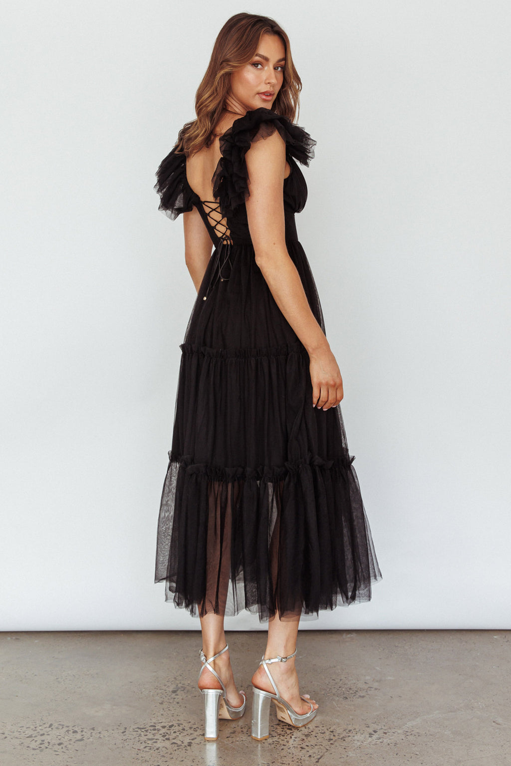 Amal Ruffle Shoulder Tulle Midi Dress Black by Selfie Leslie