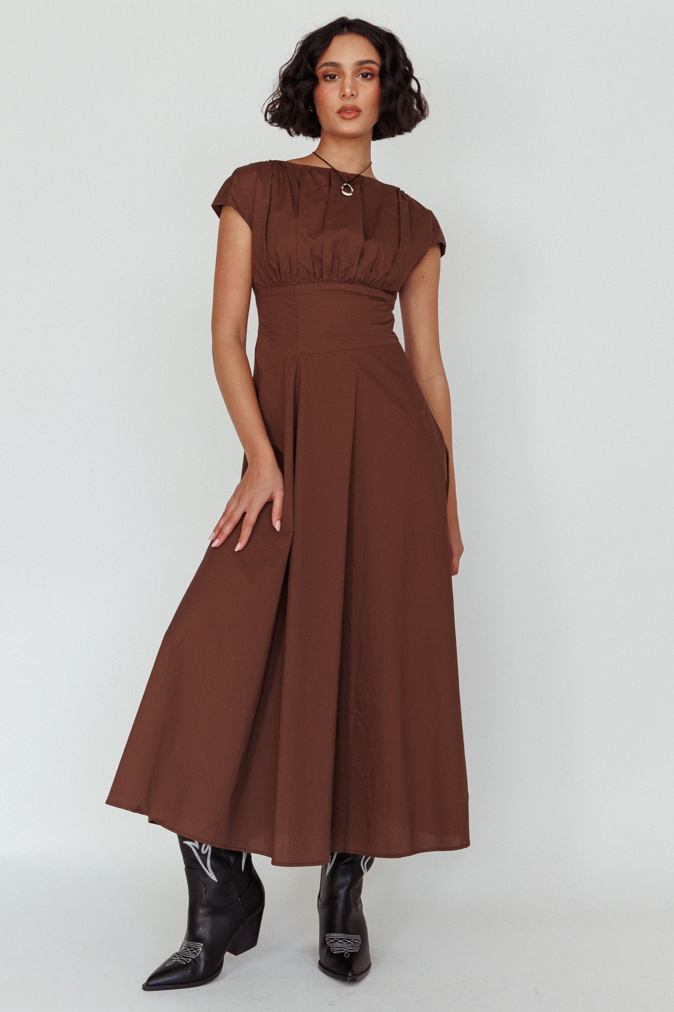 Derry Cap Sleeve A-line Maxi Dress Chocolate by Selfie Leslie