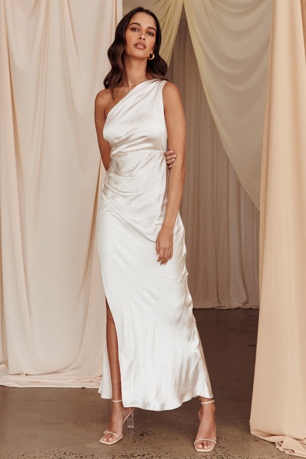 Kamillia One-Shoulder Split Maxi Dress Champagne by Selfie Leslie