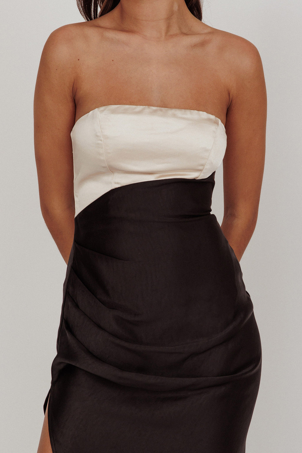 Kamillia Strapless Split Maxi Dress Black by Selfie Leslie