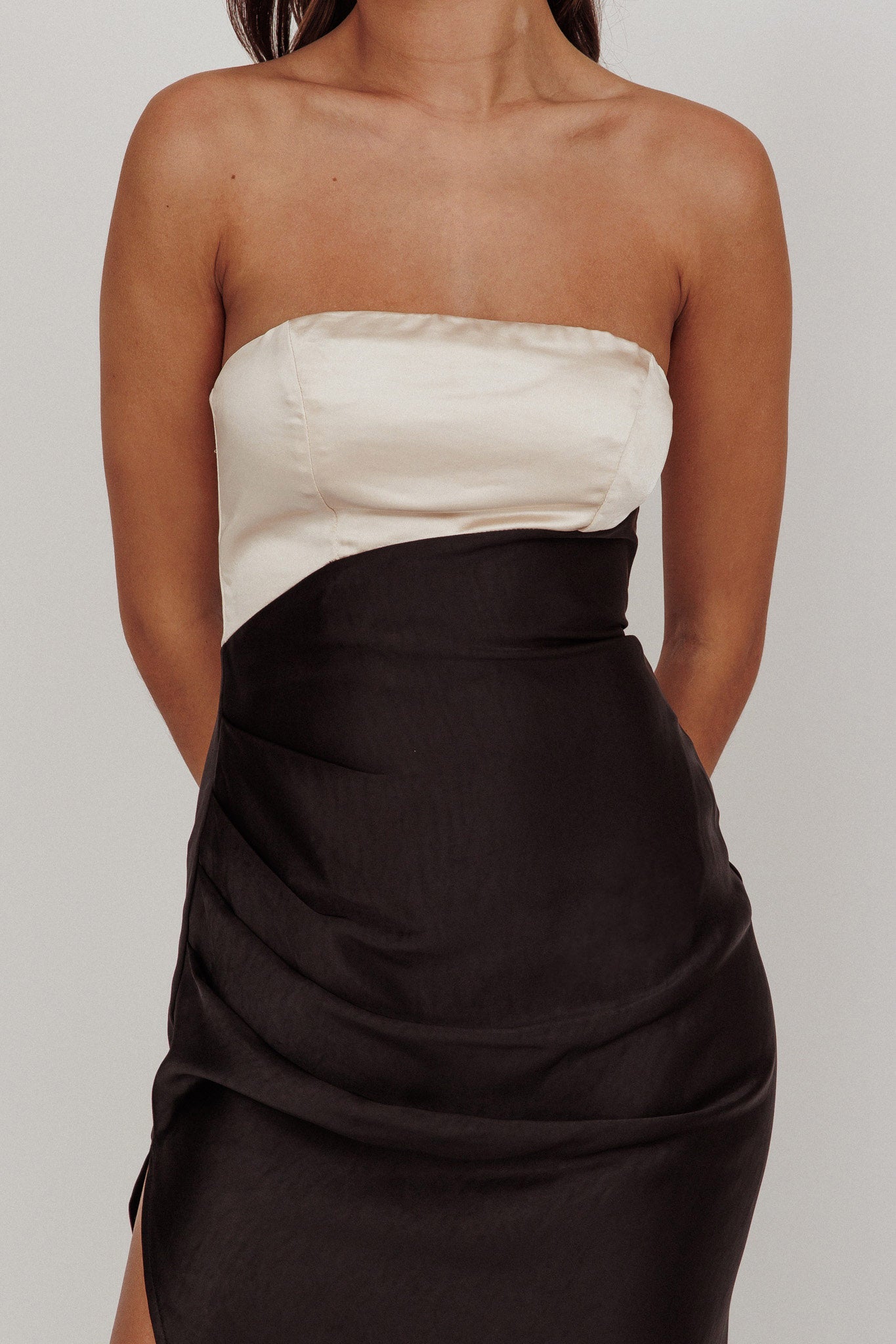 Kamillia Strapless Split Maxi Dress Black by Selfie Leslie
