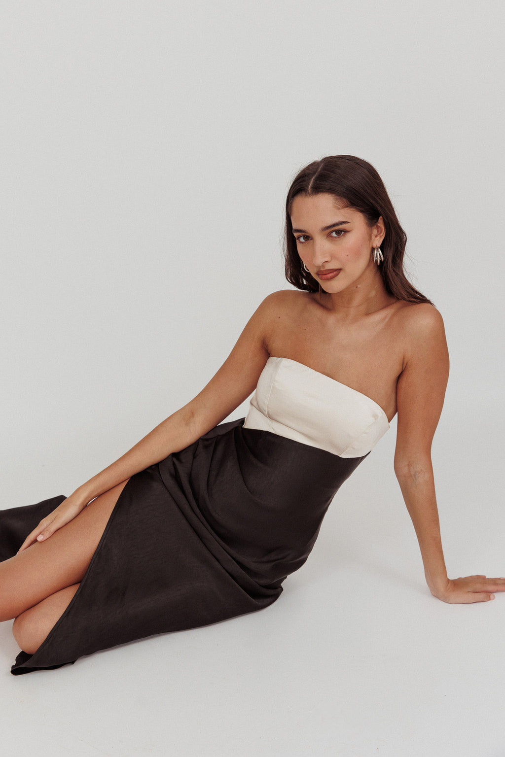 Kamillia Strapless Split Maxi Dress Black by Selfie Leslie