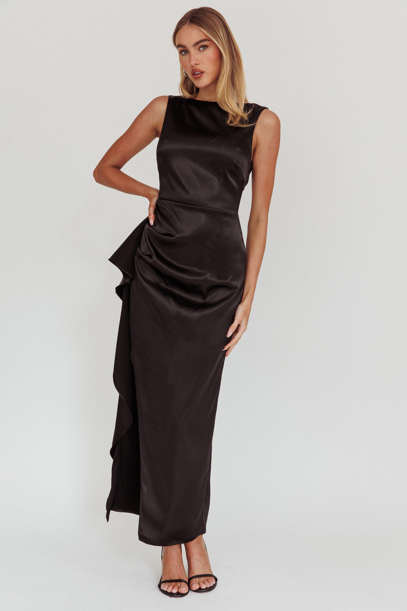 Kamillia Boat Neck Split Maxi Dress Black by Selfie Leslie