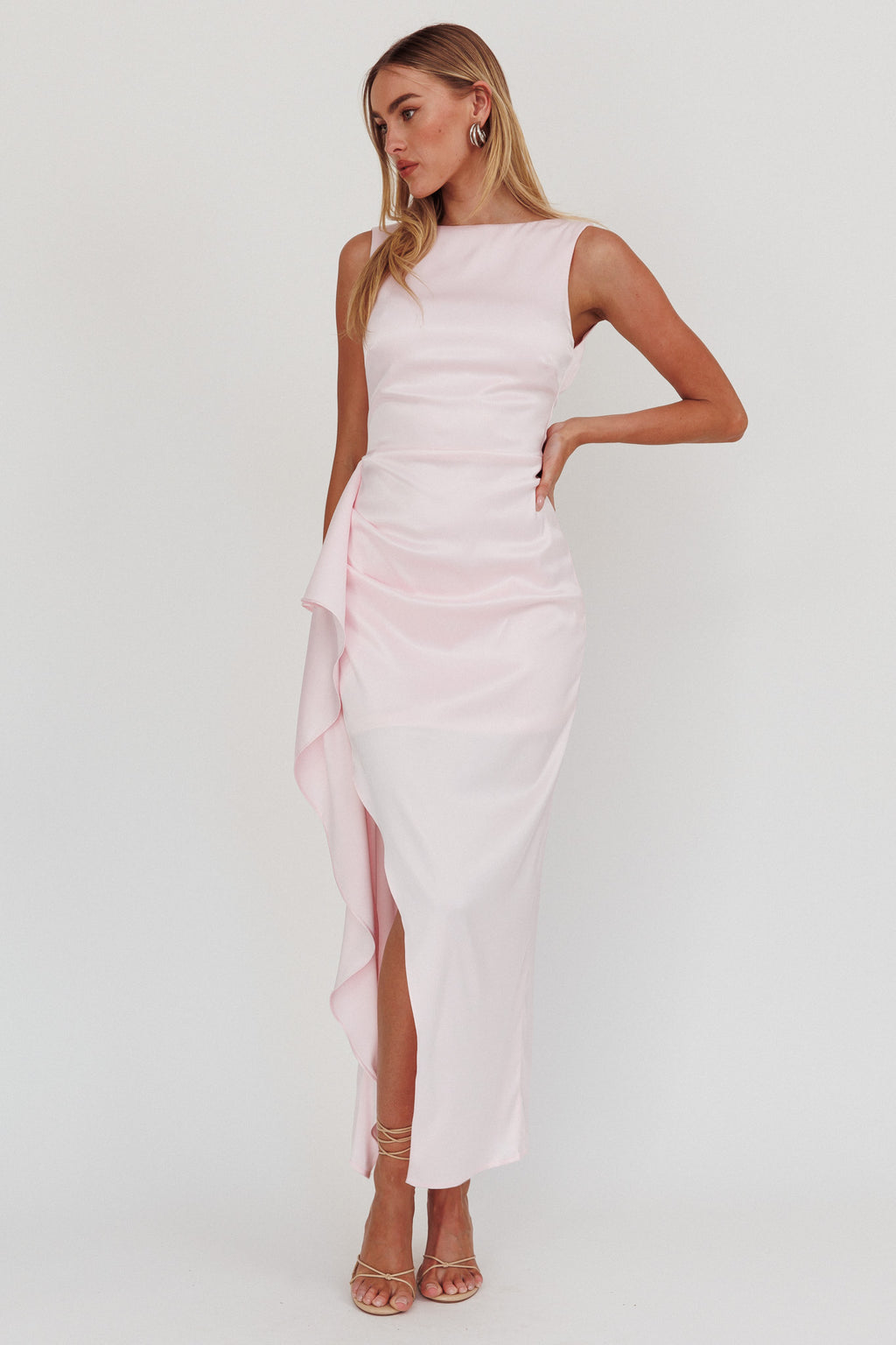 Kamillia Boat Neck Split Maxi Dress Ice Pink by Selfie Leslie
