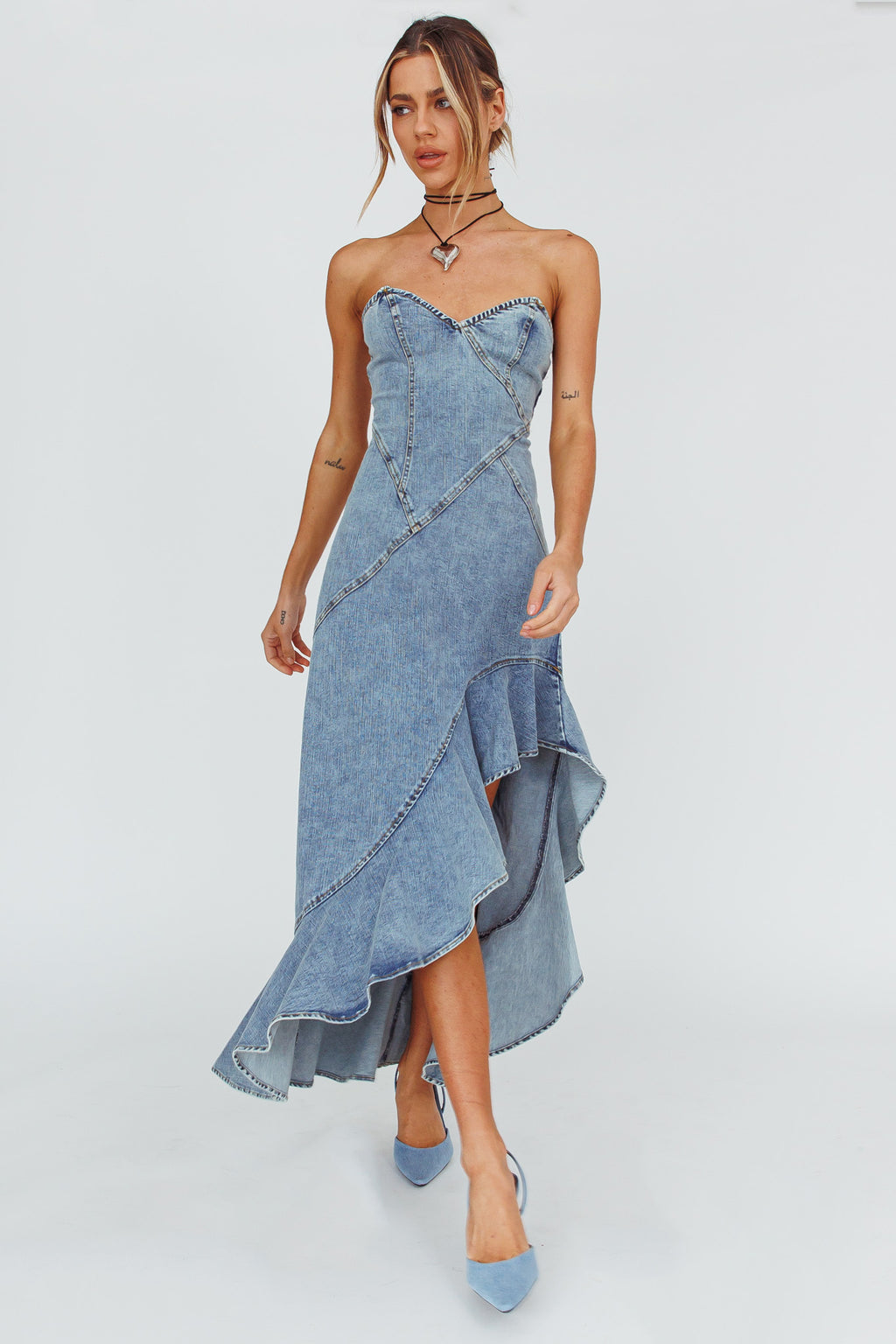 Moon Sweetheart Neckline Ruffle Midi Dress Denim Selfie Leslie Moon Sweetheart Neckline Ruffle Midi Dress Denim Selfie Leslie