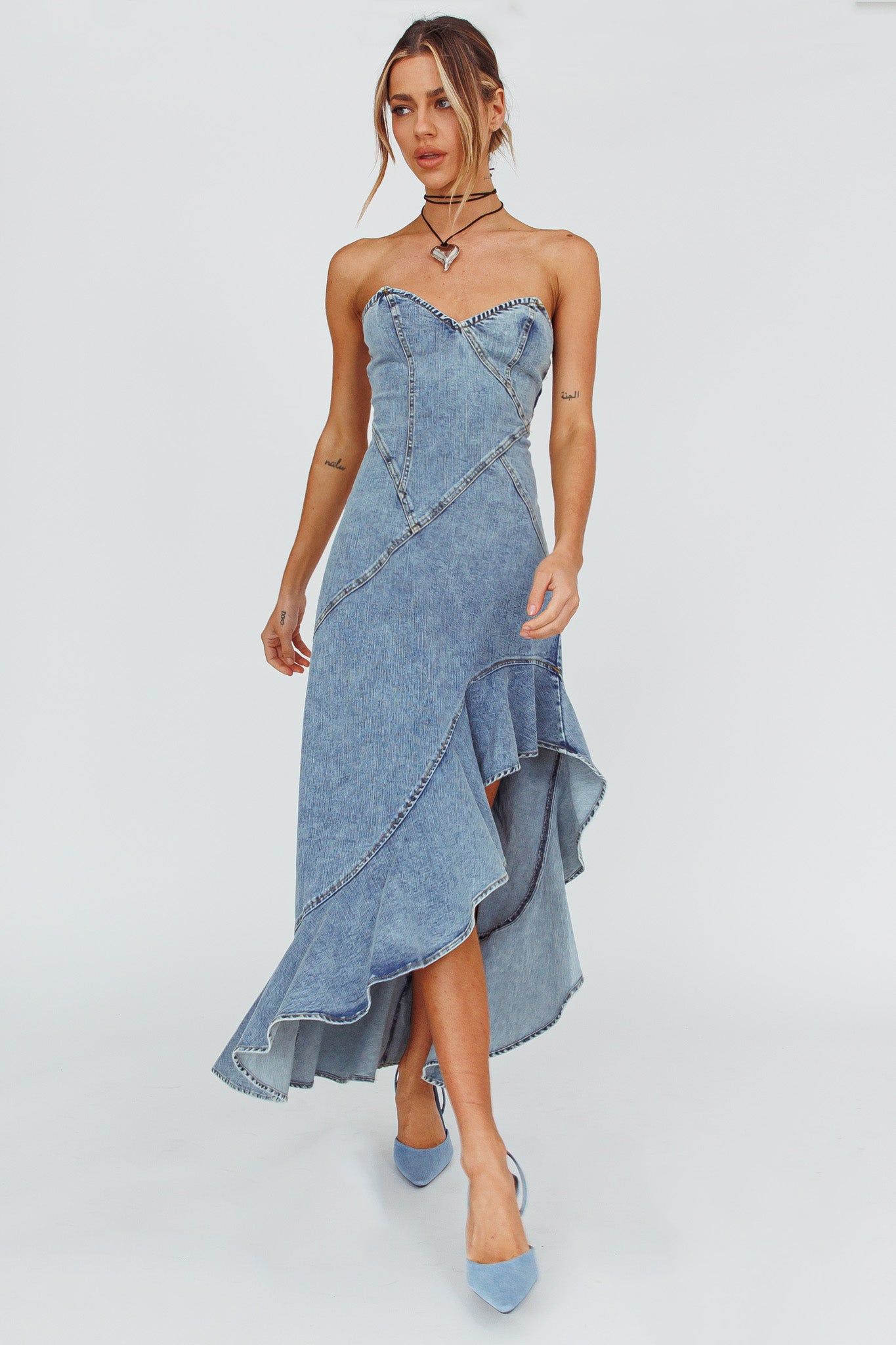 Moon Sweetheart Neckline Ruffle Midi Dress Denim by Selfie Leslie