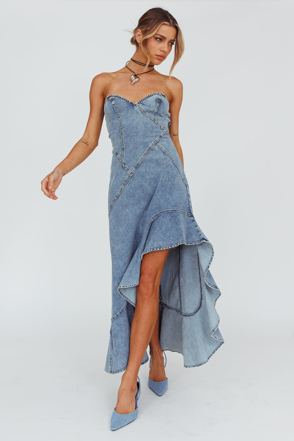 Moon Sweetheart Neckline Ruffle Midi Dress Denim by Selfie Leslie