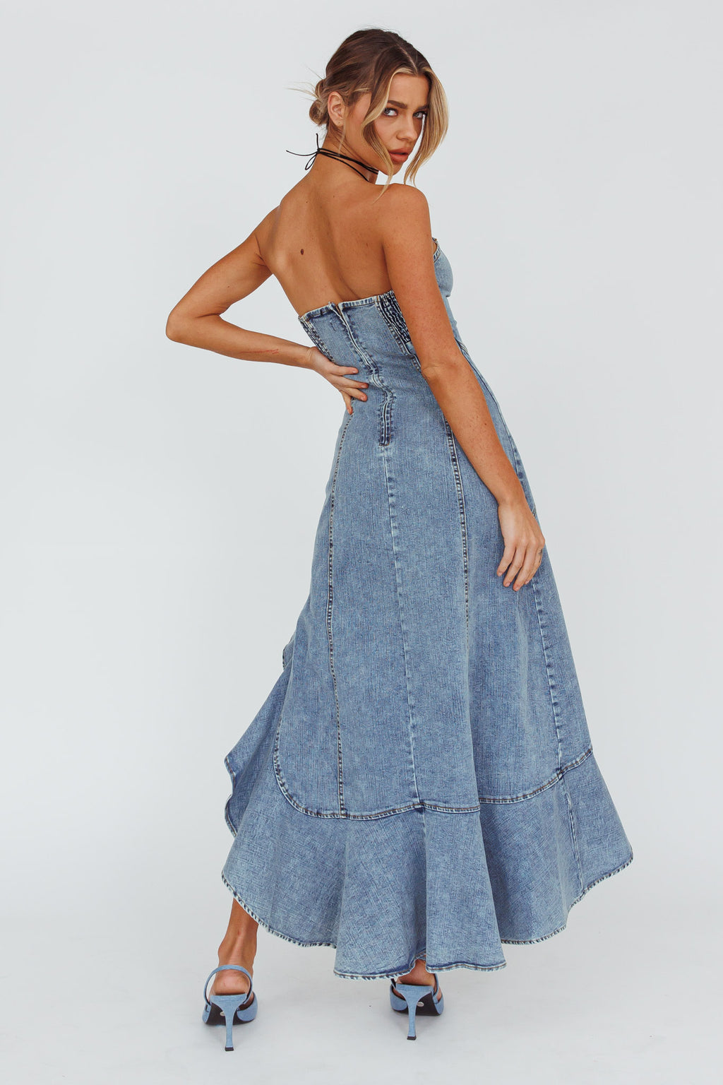 Moon Sweetheart Neckline Ruffle Midi Dress Denim by Selfie Leslie