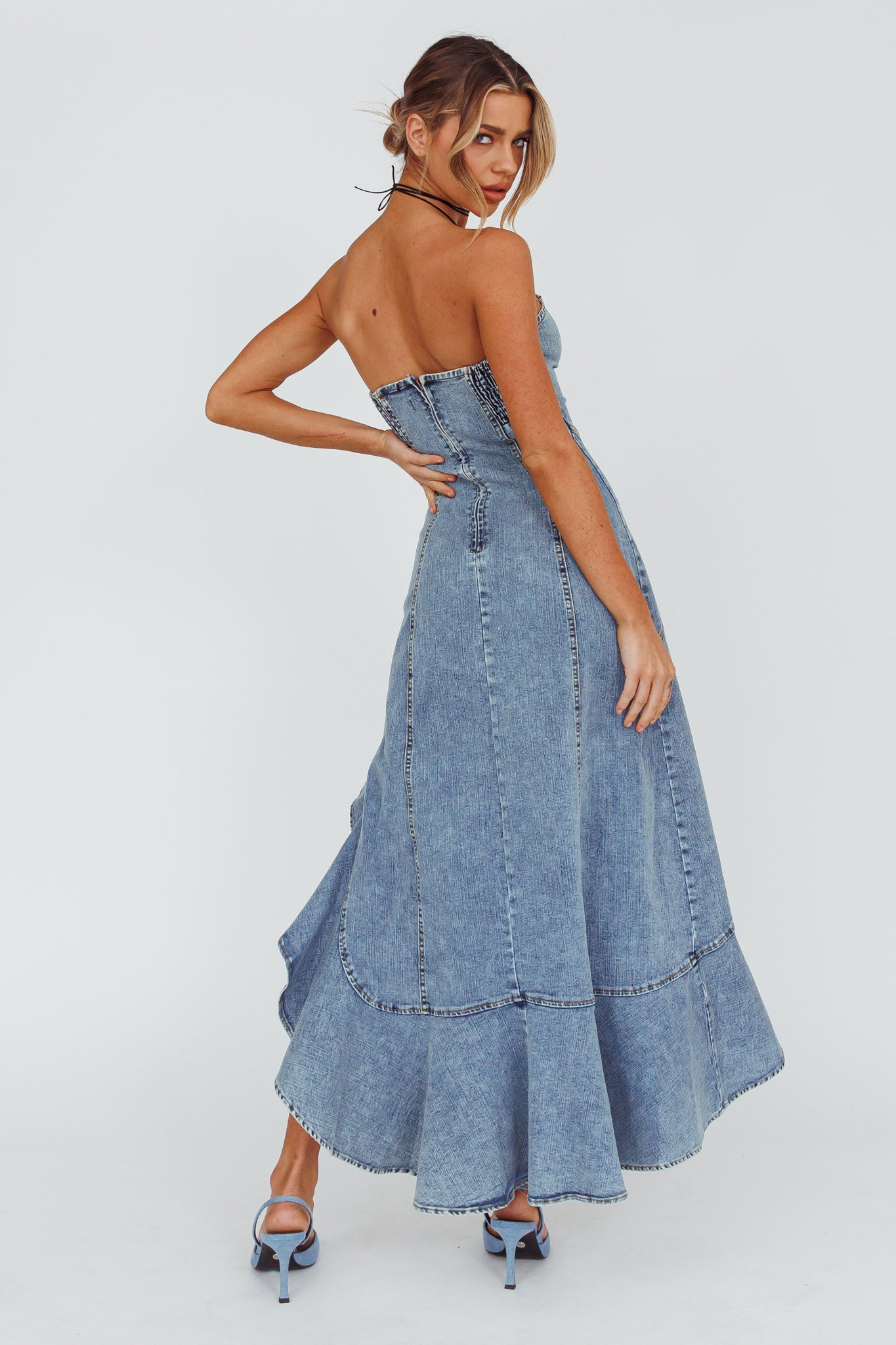 Moon Sweetheart Neckline Ruffle Midi Dress Denim by Selfie Leslie