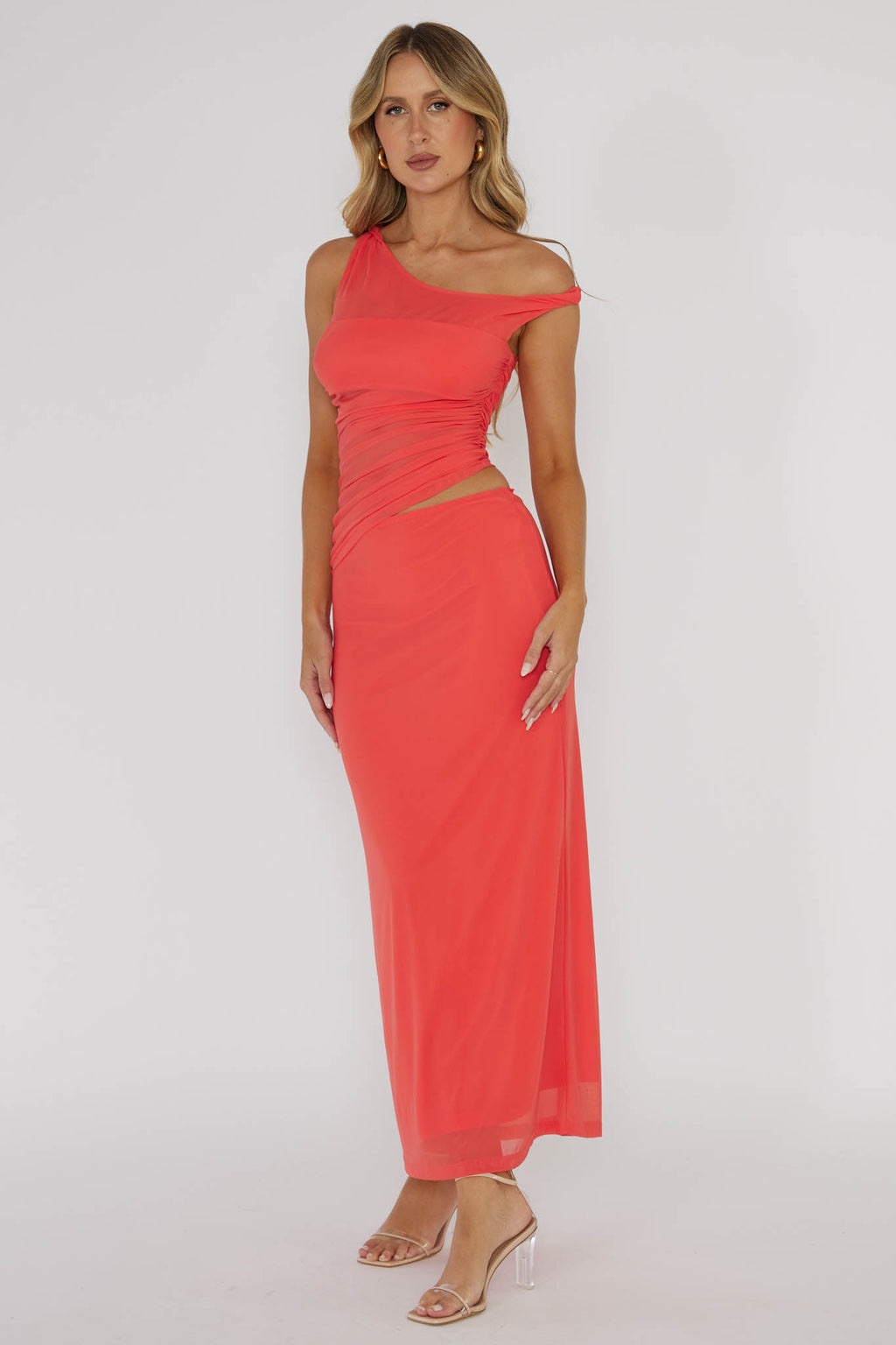 Lorely Ruched Bodice Twist Strap Midi Dress Watermelon Selfie Leslie Lorely Ruched Bodice Twist Strap Midi Dress Watermelon Selfie Leslie