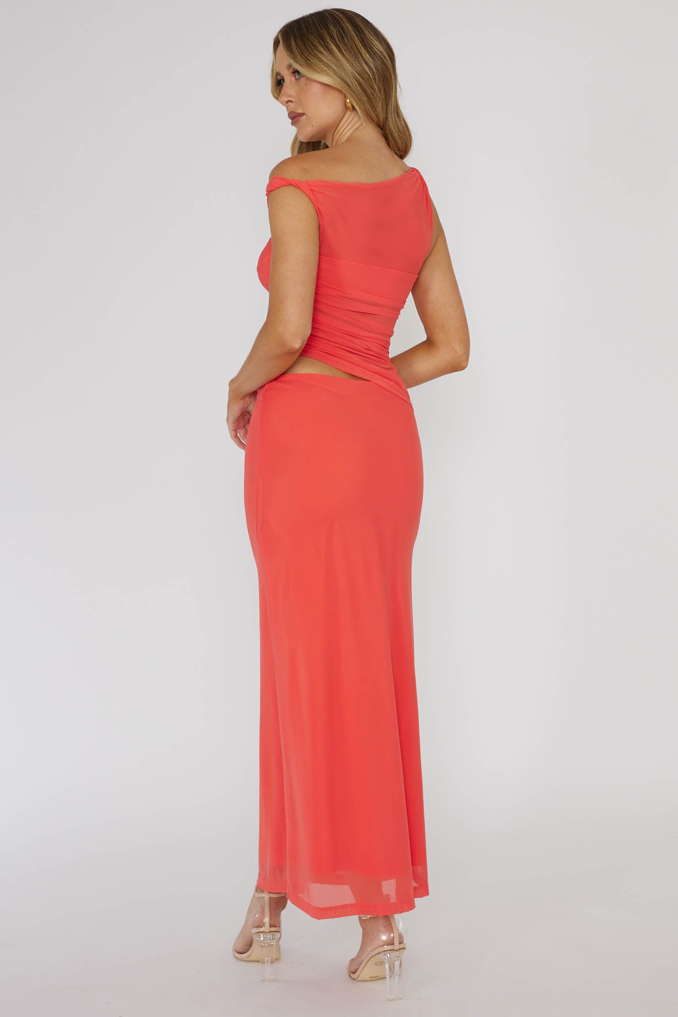 Lorely Ruched Bodice Twist Strap Midi Dress Watermelon by Selfie Leslie