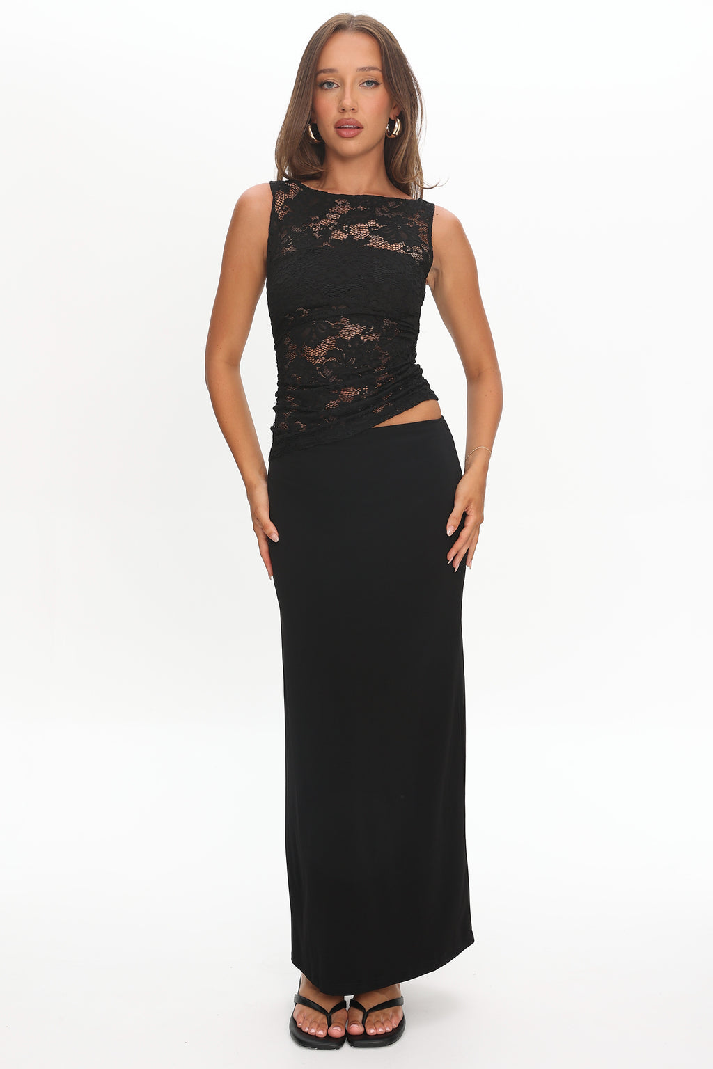 Lorely Ruched Lace Bodice Maxi Dress Black by Selfie Leslie