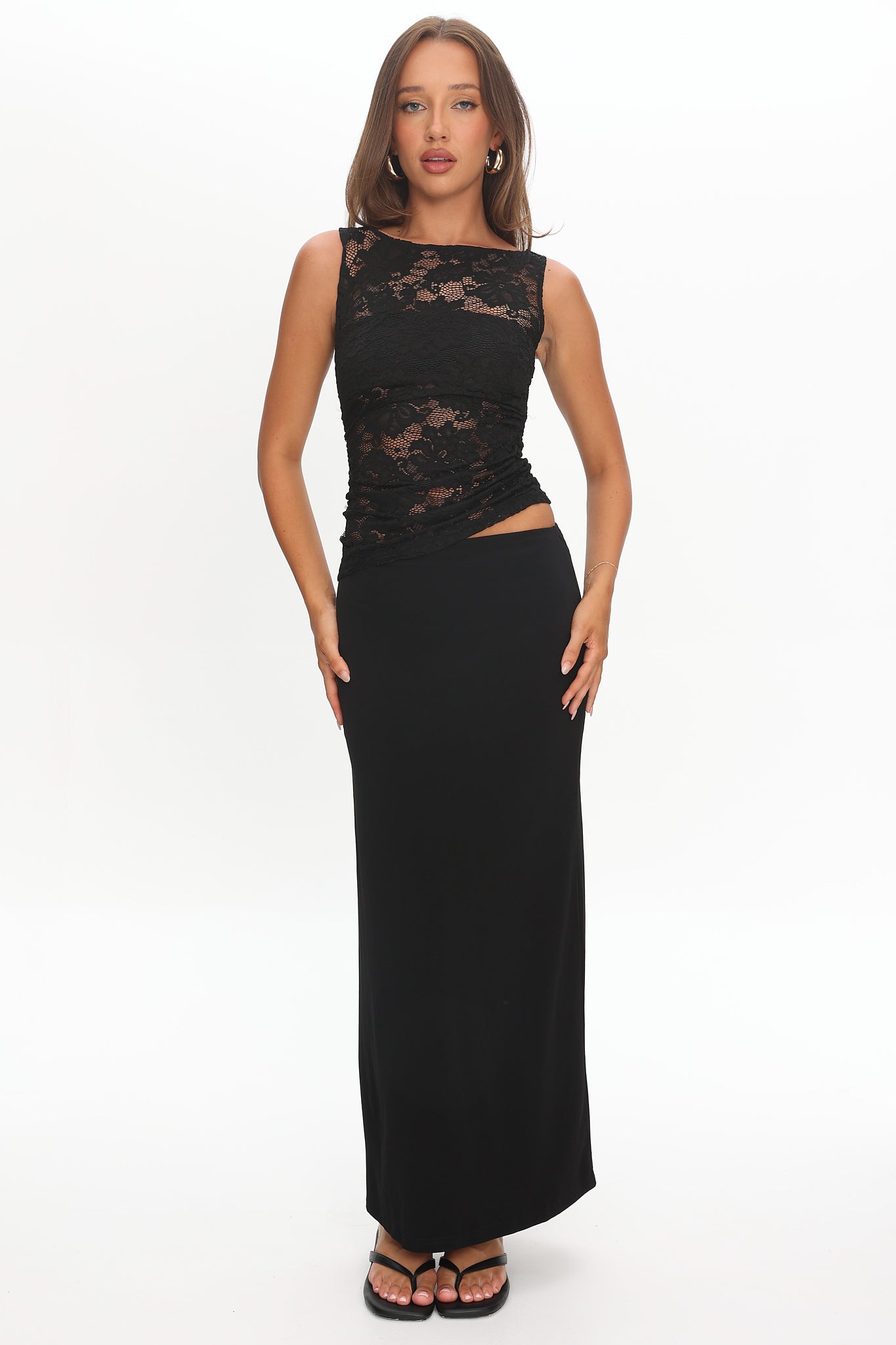 Lorely Ruched Lace Bodice Maxi Dress Black by Selfie Leslie