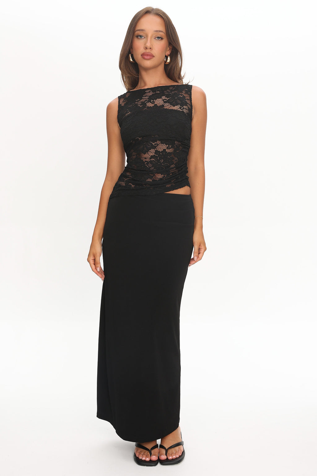 Lorely Ruched Lace Bodice Maxi Dress Black by Selfie Leslie
