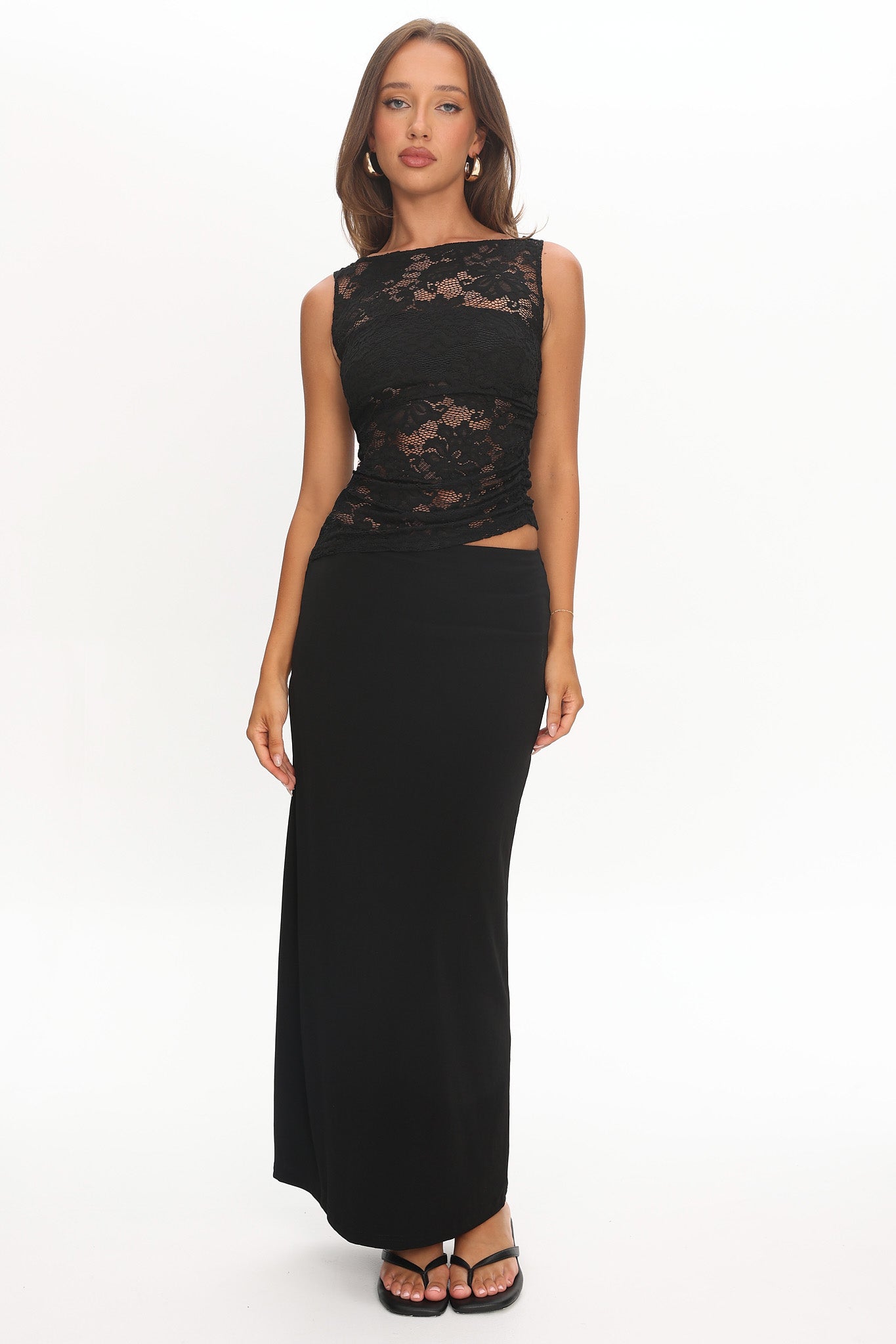 Lorely Ruched Lace Bodice Maxi Dress Black by Selfie Leslie