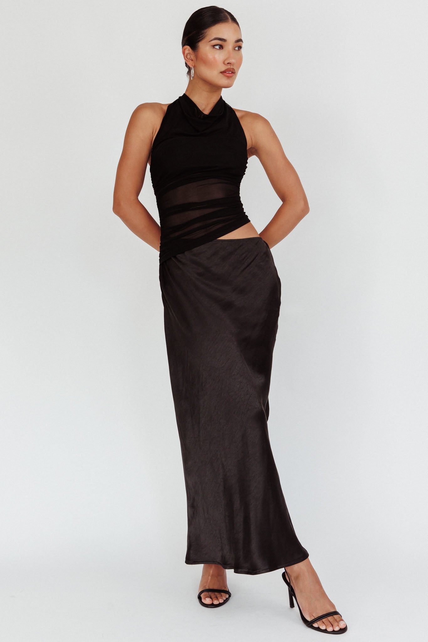 Lorely Ruched Bodice Halterneck Maxi Dress Black by Selfie Leslie