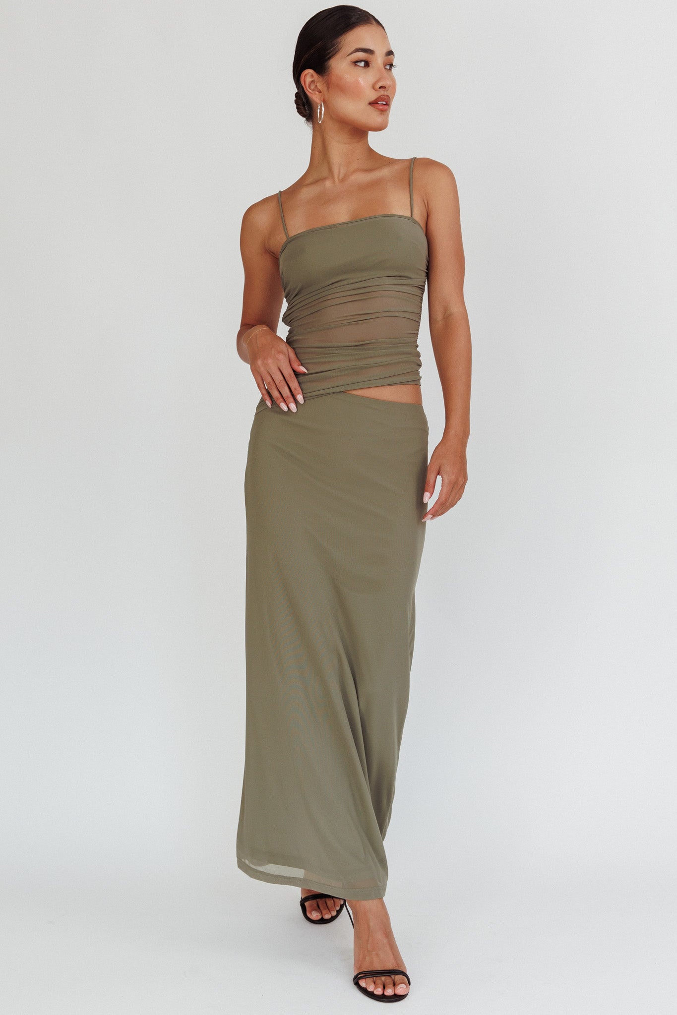 Lorely Ruched Bodice Maxi Dress Olive by Selfie Leslie