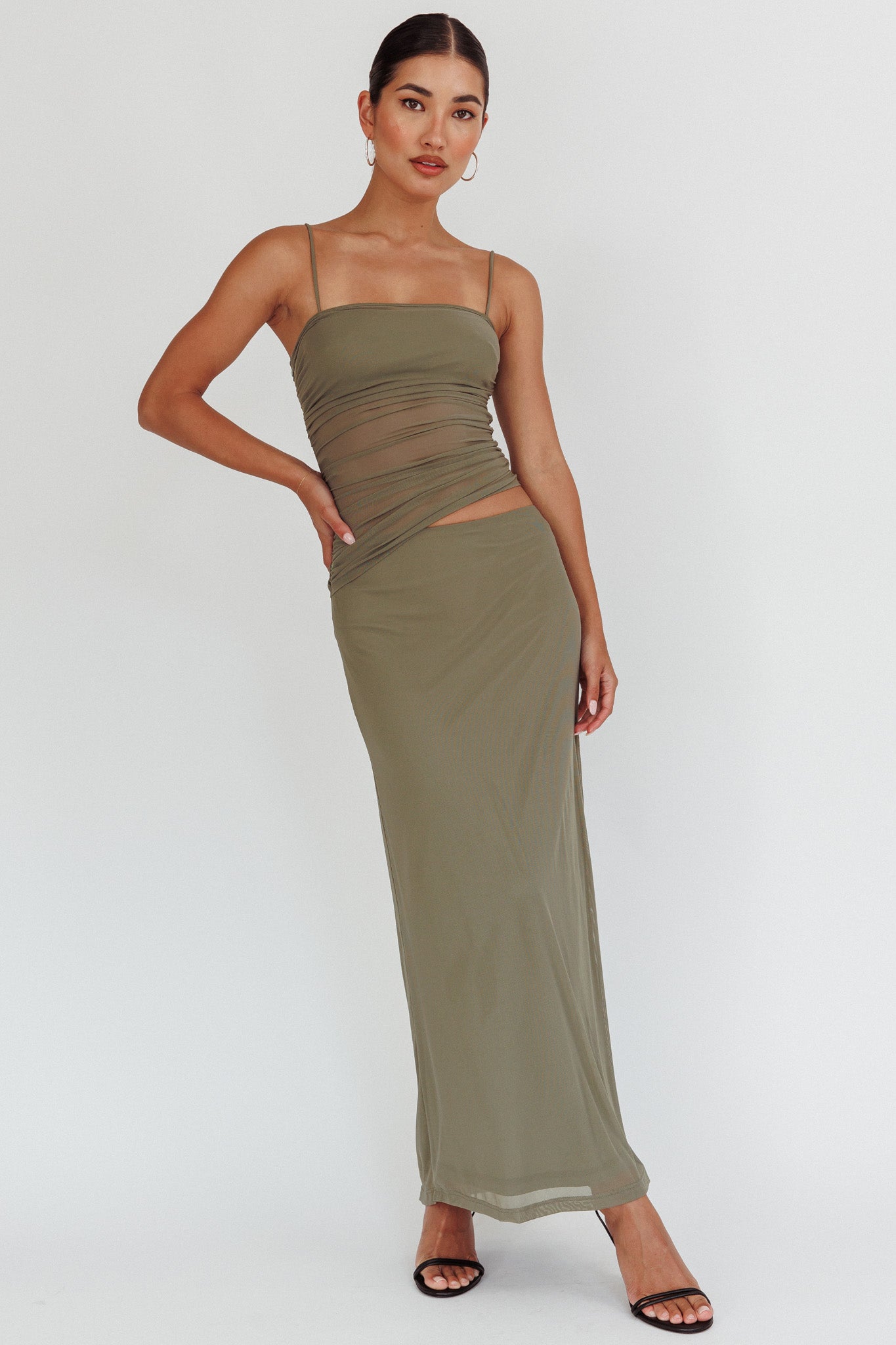 Lorely Ruched Bodice Maxi Dress Olive by Selfie Leslie