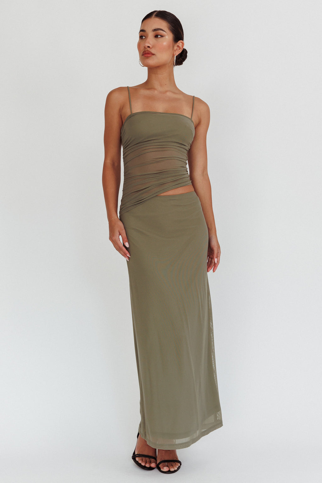 Lorely Ruched Bodice Maxi Dress Olive by Selfie Leslie