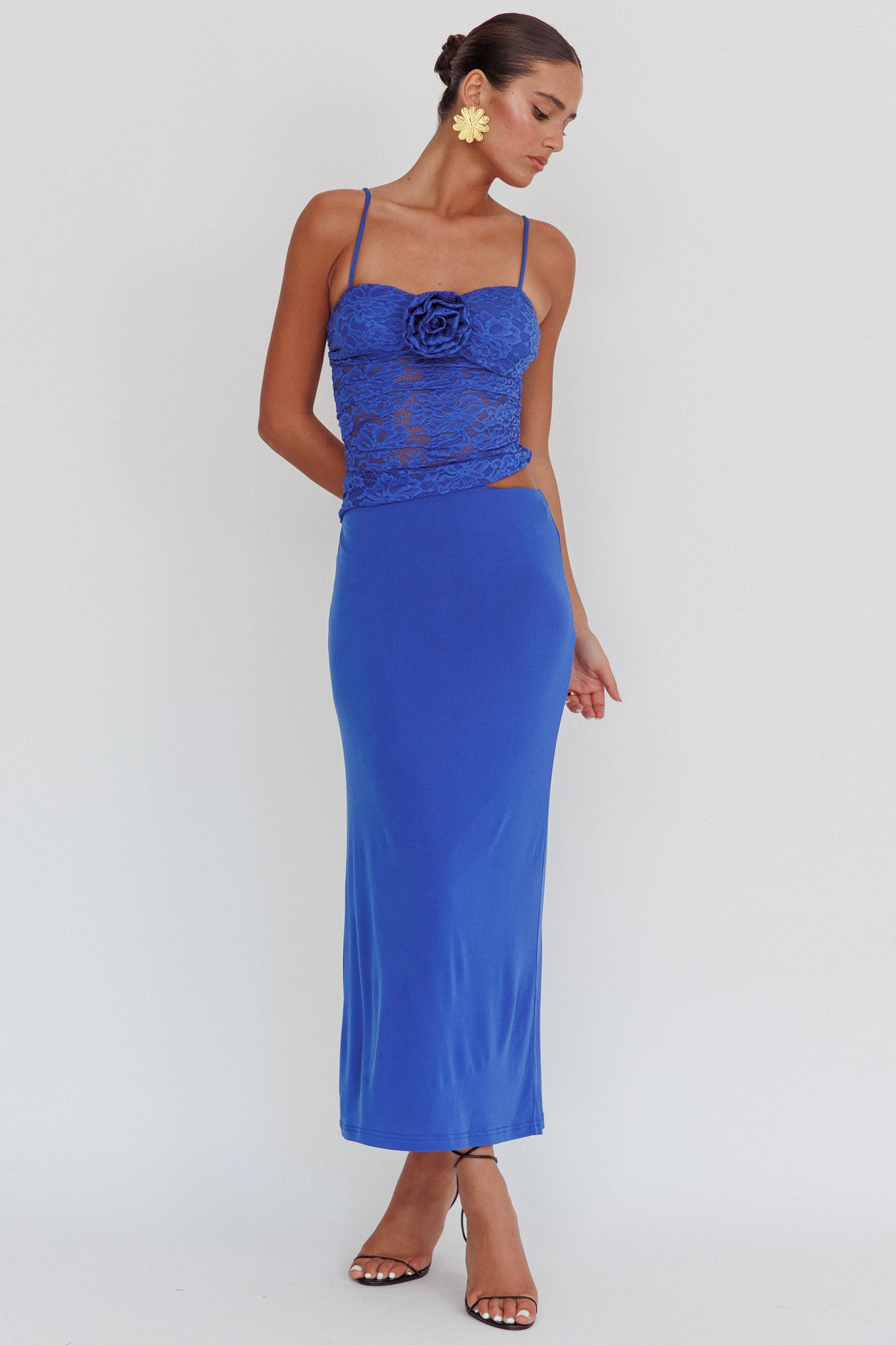 Shop the Lorely Lace Rosette Maxi Dress Top Blue