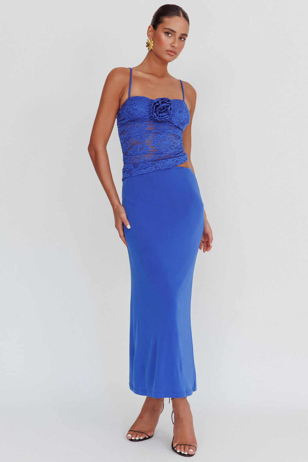 rosette maxi dress Lorely Lace Rosette Maxi Dress Top Blue