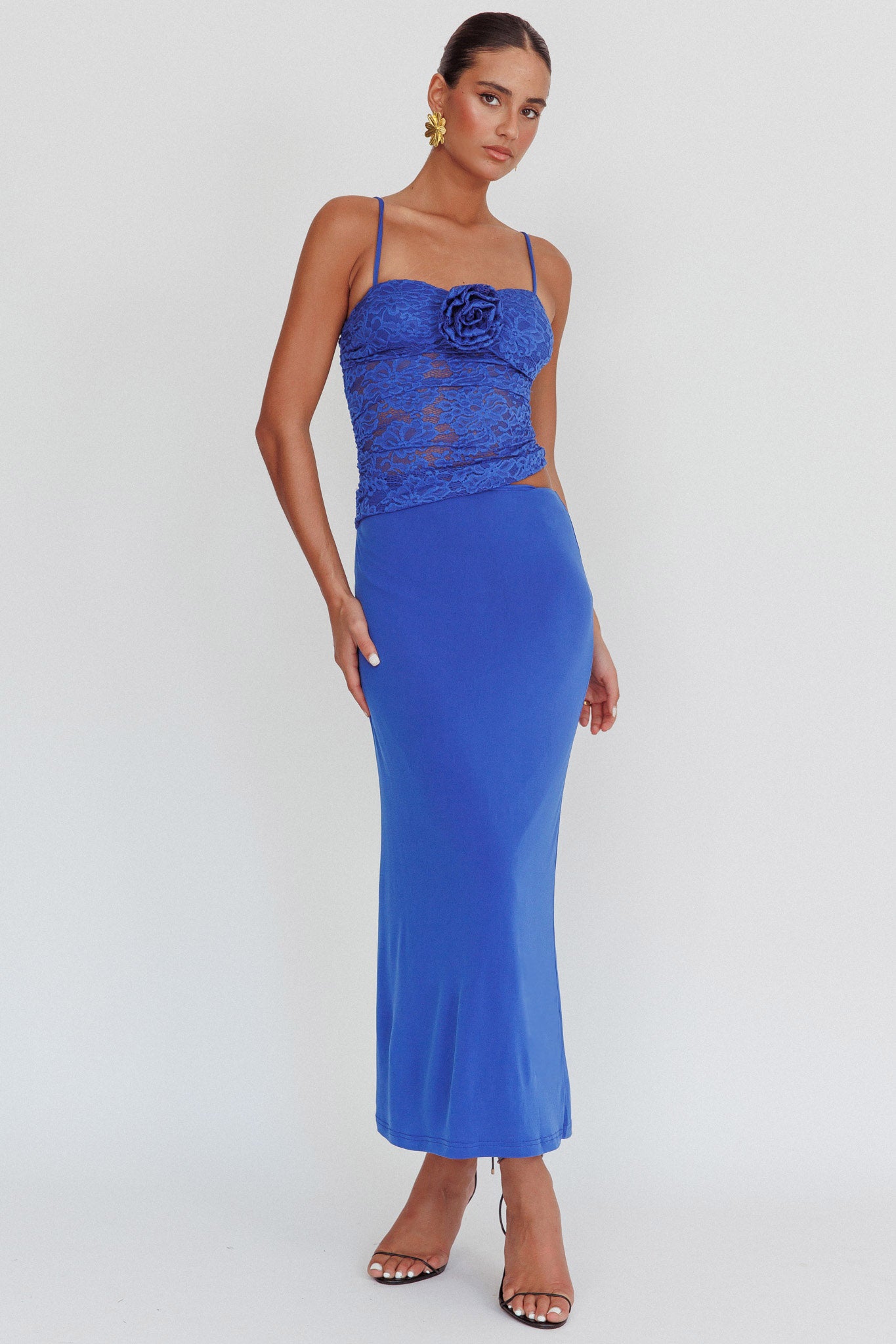 Lorely Lace Rosette Maxi Dress Top Blue– Selfie Leslie