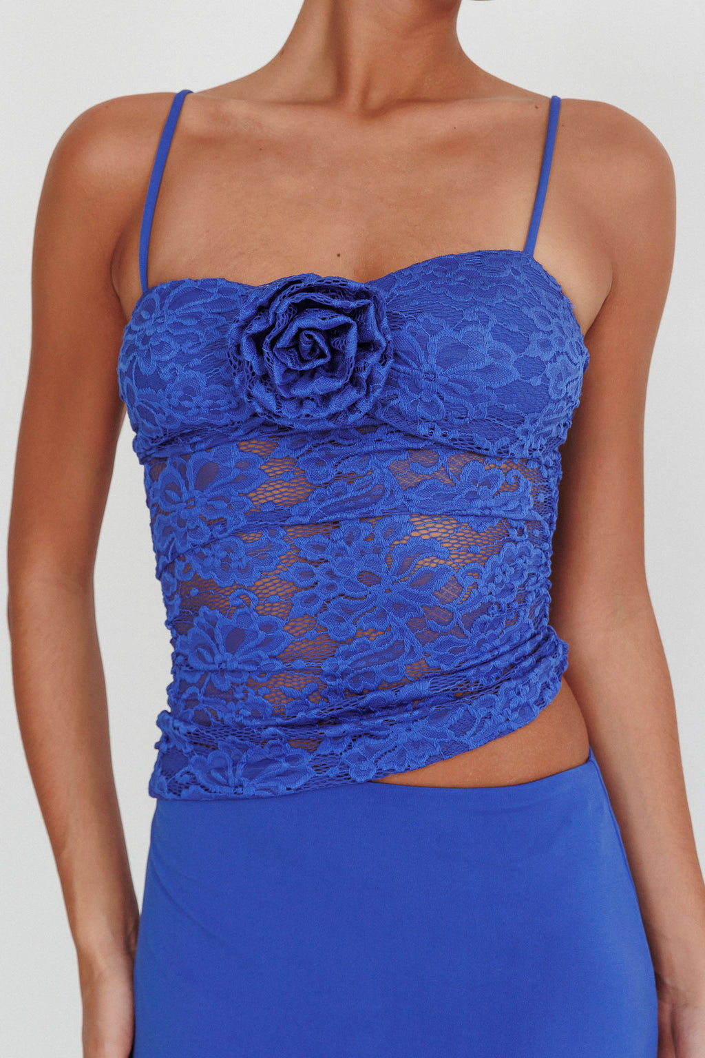 Lorely Lace Rosette Maxi Dress Top Blue by Selfie Leslie