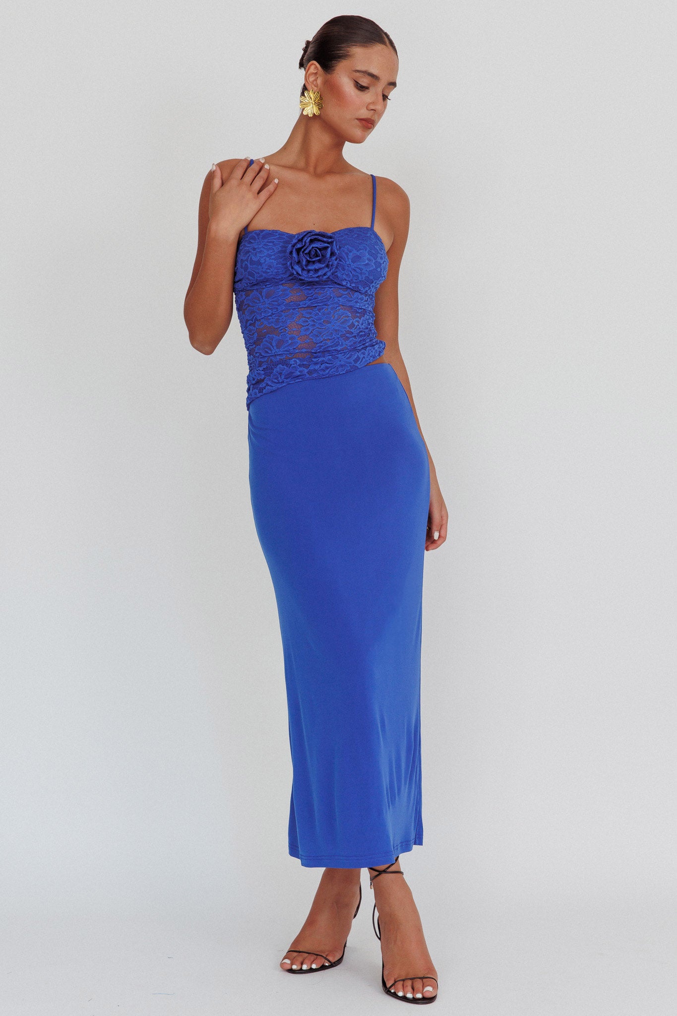 Lorely Lace Rosette Maxi Dress Top Blue– Selfie Leslie