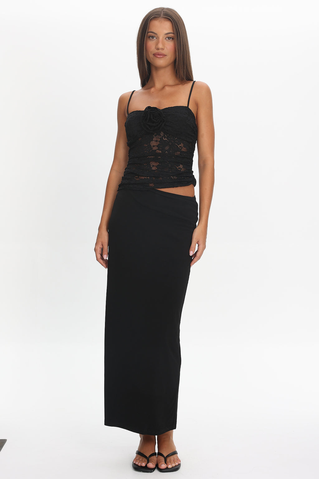 Lorely Lace Rosette Maxi Dress Top Black by Selfie Leslie