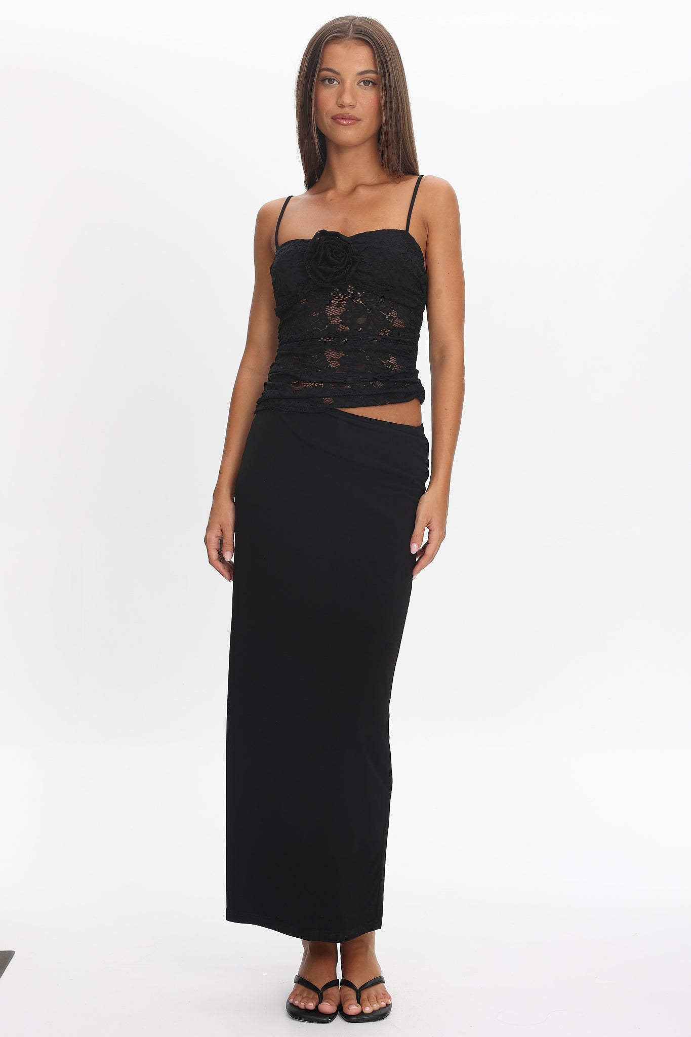 Lorely Lace Rosette Maxi Dress Black - M