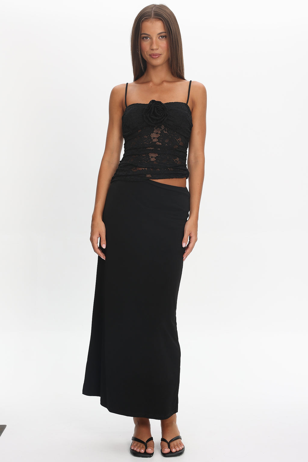 Lorely Lace Rosette Maxi Dress Top Black by Selfie Leslie