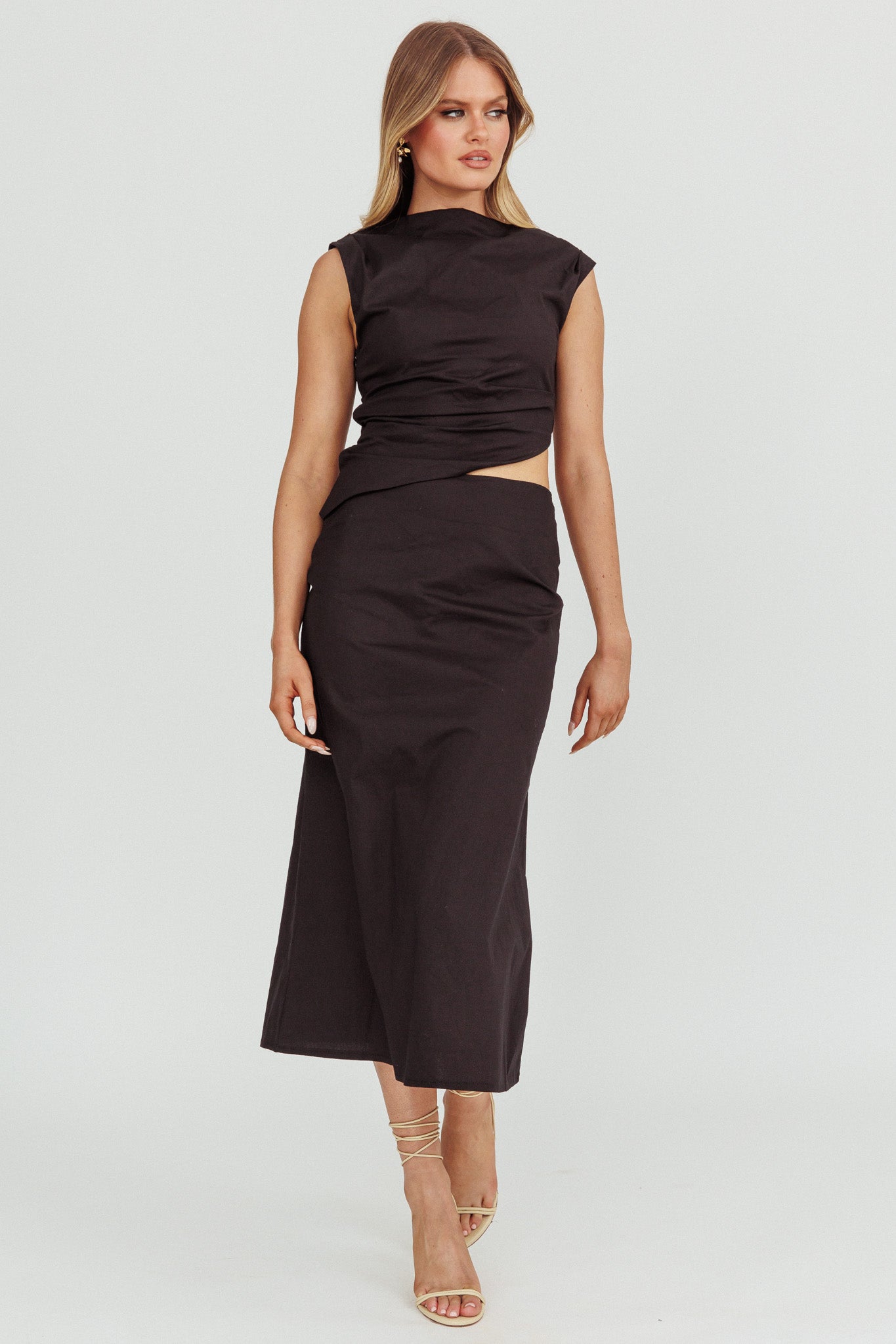 Lorely Boat Neck Cut Out Midi Dress Black by Selfie Leslie