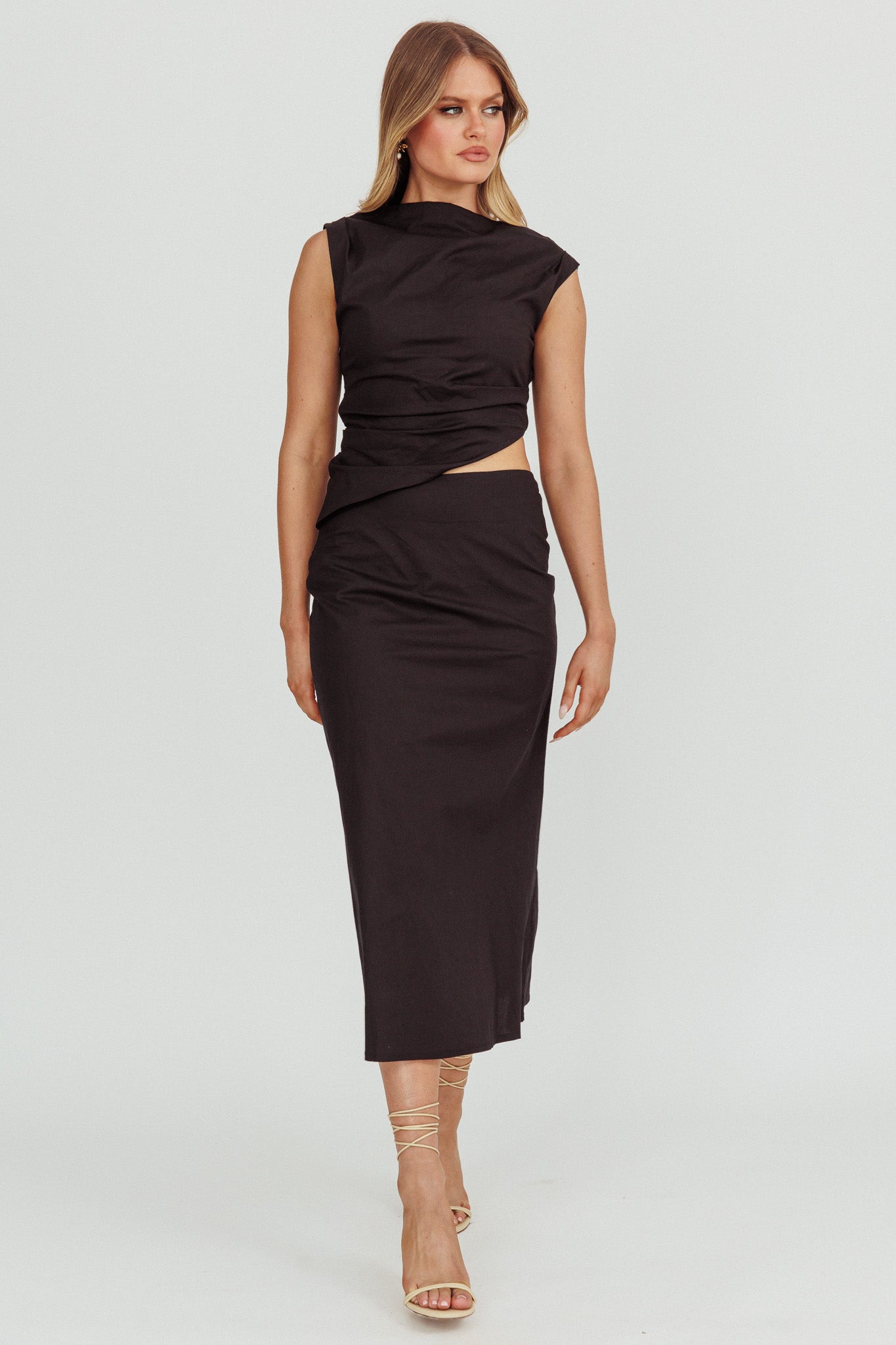 Lorely Boat Neck Cut Out Midi Dress Black by Selfie Leslie