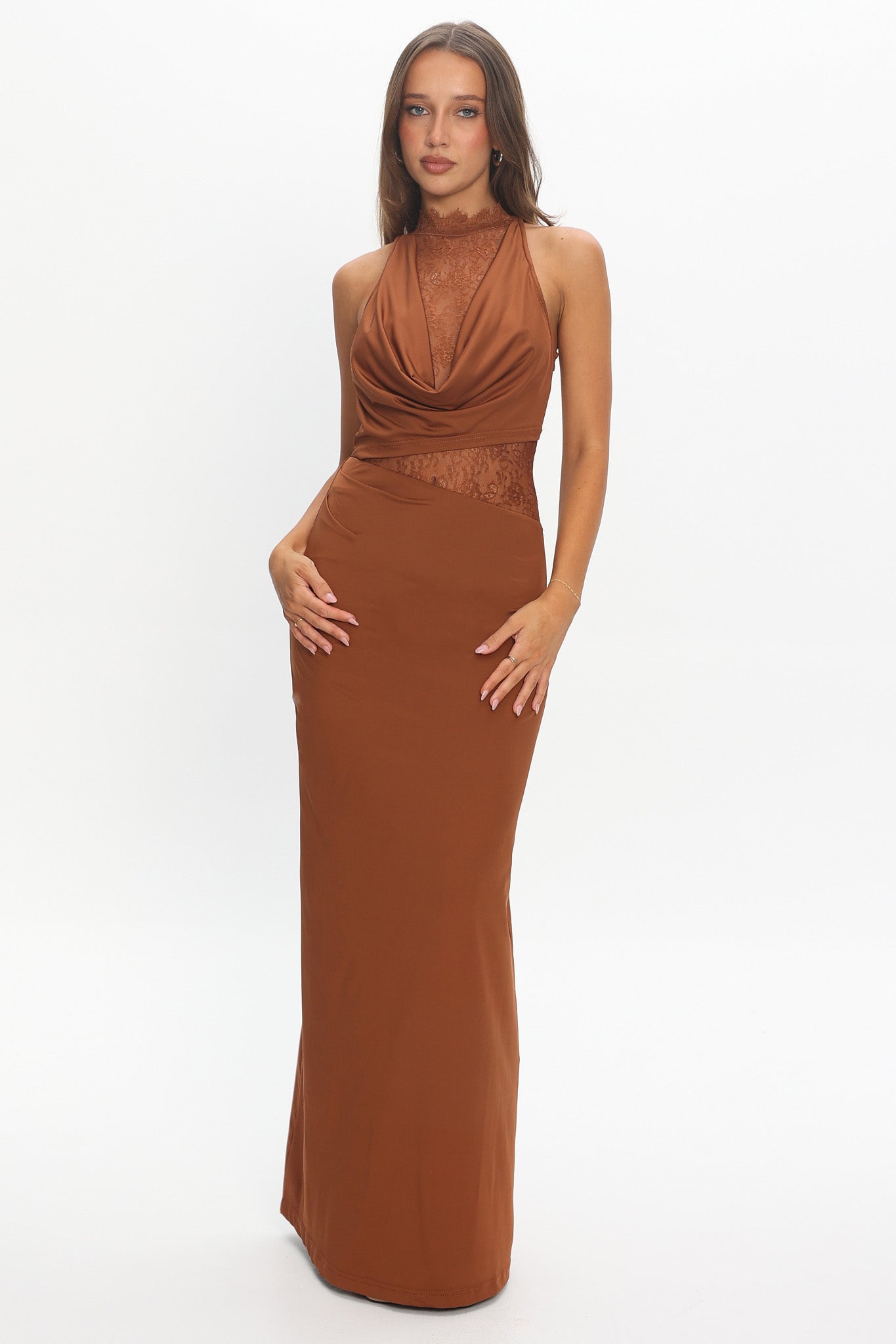 chocolate maxi dress formal Lorely Lace Bodice Cowl Maxi Dress Chocolate